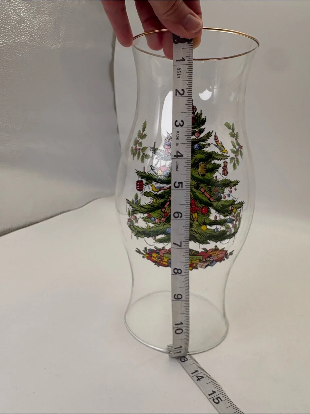 Large Spode Christmas Tree Glass Hurricane with Gold Rim